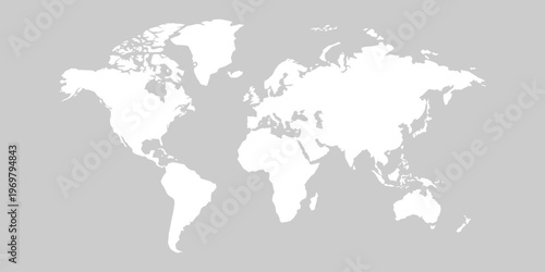 World map silhouette: white continent shapes on gray background, minimalist vector illustration, template.
