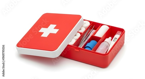 Minimalist Red and White First Aid Kit with Organized Medical Supplies – Emergency Care, Health and Safety Concept Isolated on White Background