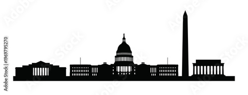 Washington DC skyline vector illustration showing a continuous black silhouette of famous capital landmarks including the Capitol Building and Washington Monument for USA travel