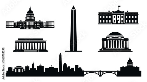 Washington DC skyline vector collection featuring black silhouette landmark icons and a continuous panoramic cityscape view for American capital tourism and architectural design