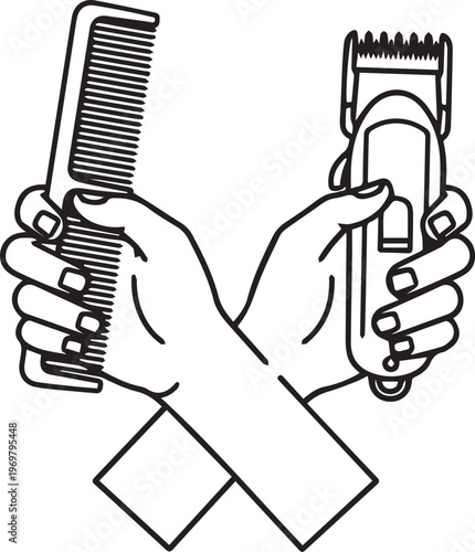 Iconic illustration of a barber's hands holding a comb and electric razor, symbolizing grooming, styling, and professional haircare services for men and women