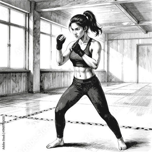 Dynamic female boxer striking pose monochrome vector illustration. Transparent background EPS version.