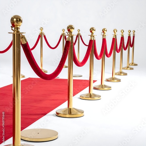 A red carpet with velvet ropes is held by golden stanchions. A bright, white background accentuates the scene's focus