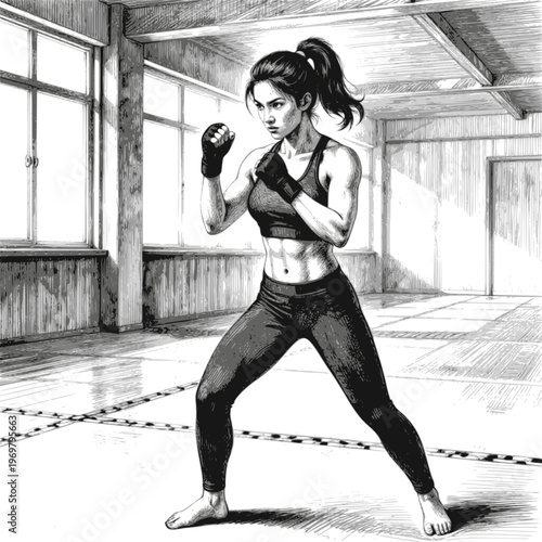 Dynamic female boxer striking pose monochrome vector illustration. Transparent background SVG version.