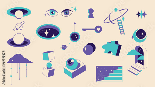 Surreal geometric door to psychedelic space, vector icons isolated on white background. Abstract portals with stairs, optical illusion in retro style. 3D fantasy contemporary eyes, key and planets
