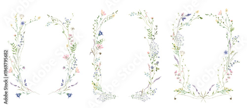 Watercolor Midsummer floral Wreaths collection with hand painted delicate leaves, wildflowers. Romantic floral arrangements perfect for wedding invitation. High quality PNG illustration.