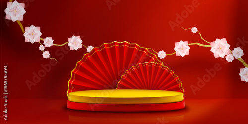 Red gold podium with elegant Chinese fan and sakura blossoms for CNY product display, realistic vector background. Golden accents and pink paper petals, spring pattern stage design, japanese cherry