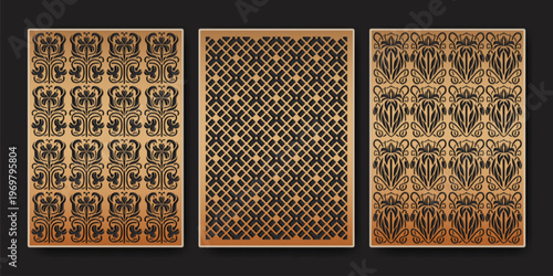 CNC laser cut patterns set with abstract geometric ornament design. Vector realistic illustration of decorative wood panel or metal stencils with floral motifs, patterns for modern border elements