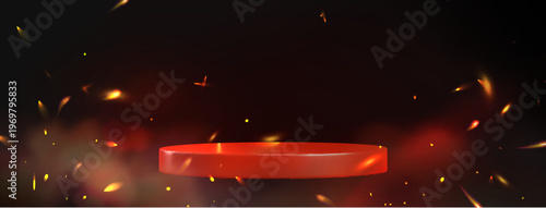 Round platform floating on black background with fire sparks. Vector realistic illustration of empty stage, burning flame and smoke, promotional banner design, discount or casino presentation stage