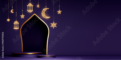 Ramadan podium with gold arch, arabic lantern and moon. Purple background with golden crescent and stars garland for Eid Mubarak greeting cards, festive banners, or product displays