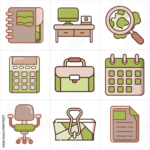 Office supplies and workspace icons set with magnifying glas