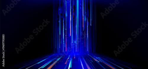 Speed data flow with neon blue lines and glowing particles, abstract vector background. Network dot pattern, digital tech presentations, futuristic cyber concept, information transfer
