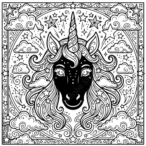 Black and white mythical unicorn head vector, flowing starry mane with whimsical clouds and decorative celestial elements, isolated on transparent background. 