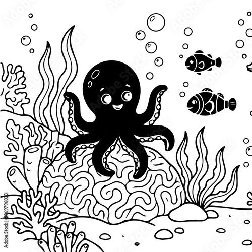 Happy smiling octopus vector illustration with cartoon fish, intricate coral, ocean bubbles, and seaweed, black and white outline for children's coloring book. 