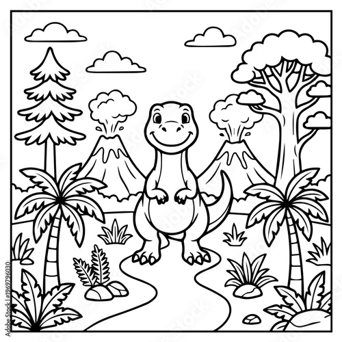 Adorable smiling cartoon dinosaur outline vector, standing confidently in a prehistoric landscape with erupting volcanoes, lush palm trees, and plants, black and white coloring page illustration. 