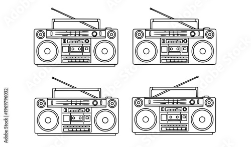 Vintage boombox outline vector set with retro radio cassette line art isolated on white background