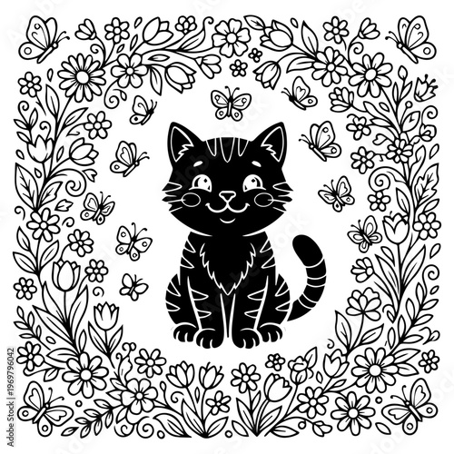 Cute black cat silhouette vector illustration, happy domestic kitty surrounded by detailed floral line art, butterflies, and blooming flowers, isolated on transparent background. 