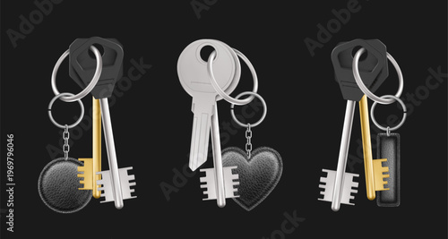 Silver, gold metal keys bunch with realistic steel ring and leather pendant, 3D vector illustrations isolated on black background. Home key chrome holder mock up, design template