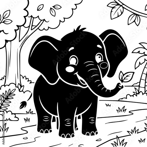 Cute baby elephant coloring page in jungle forest, black and white cartoon vector, bold clean outline, kid friendly illustration. 