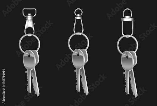 Silver metal keys bunch with realistic steel ring and lobster clasp, 3D vector illustrations isolated on black background. Home key chrome holder mock up, design template