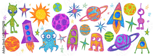 Hand drawn space doodles with crayon texture, cartoon vector illustration isolated on white background. Color planets, stars, rockets and cute aliens for kids' cosmic projects and universe design