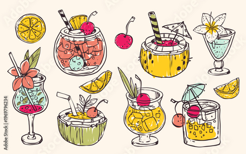 Vintage doodle cocktail illustrations with tropical coconut drink, lemon slice, and ice cubes, sketch vector prints isolated on background. Hand drawn designs for summer bar menus, party flyers