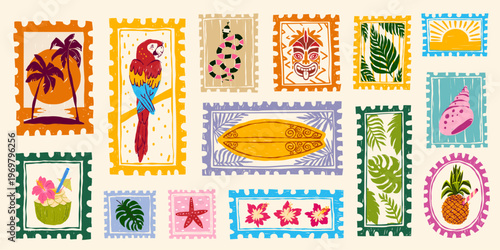 Vintage summer hand drawn postage stamps with tropical beach elements, postcard frames, vector sticker illustrations. Exotic vacation motifs, retro travel design and coastal prints with palm, parrot