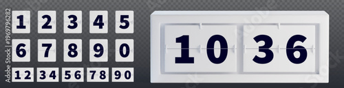 Mechanical flip clock display with countdown numbers and timer digits, realistic vector illustration isolated on transparent background. White retro scoreboard panel showing time, classic style font