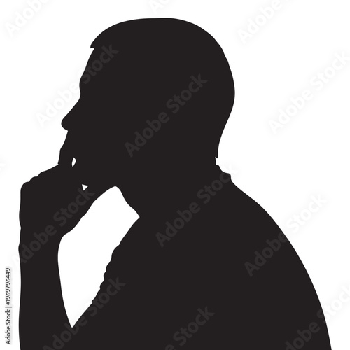 Black silhouette, man thinking, profile view, hand on chin, vector illustration