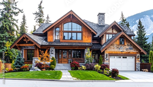 A luxurious home featuring multiple gabled roofs, stone accents, and a large arched window with a backdrop of a mountain range. The landscaping includes manicured lawns and vibrant foliage