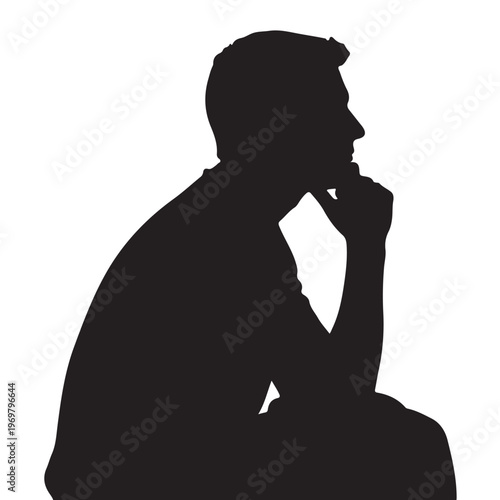 Black silhouette man thinking, contemplative person, thoughtful male, sitting figure