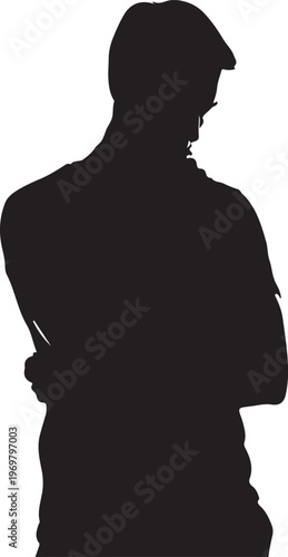 Black silhouette, man standing, arms crossed, profile view, vector illustration