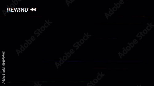 Retro glitch rewind animation isolated on black. Vintage rewind screen, bold rewind arrows and glitch distortion. 4K video