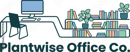 Plantwise Office Co Modern Vector Illustration of Office Desk with Chair, Computer and Long Bookshelf with Plants