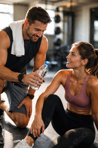 Male fitness trainer giving water to female client resting after workout in gym. Concept of fitness support, personal training session, recovery process, healthy lifestyle motivation.