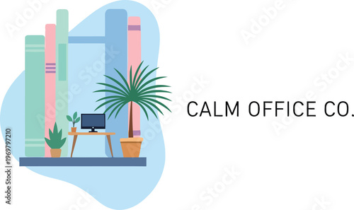 Calm Office Co Modern Vector Illustration of Peaceful Workspace with Laptop, Palm Plant and City Buildings