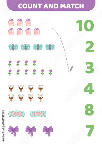 Count and match. Cute things. Counting game. Educational preschool game for kids. Cartoon, isolated vector illustration eps 10