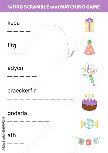 Word scramble and matching game with festive birthday element. English words. Sort letters into correct order. Cartoon, Isolated vector illustration eps 10