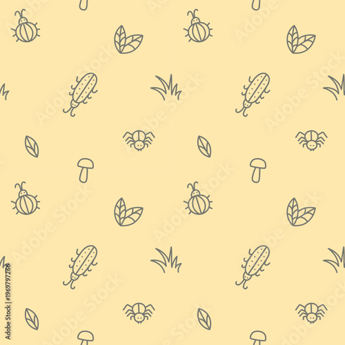 Bugs. Yellow doodle seamless pattern with bugs, beetle, spider. Isolated vector illustration eps 10