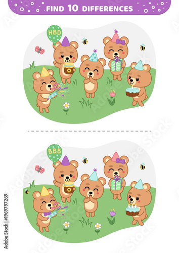 Find 10 differences. Birthday of cute bear. Game for kids. Isolated vector illustration eps 10
