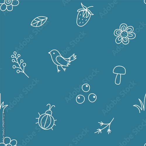 Blue doodle children's seamless pattern with outline berry, flower, bird, mushroom. Isolated vector illustration eps 10