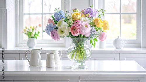 白いキッチンの上の春のお花のブーケ