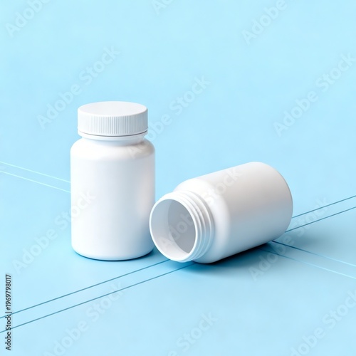 Two White Plastic Pill Bottles on Blue Background
