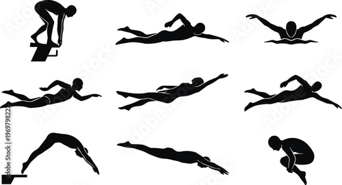 Flat vector illustration of swimmer silhouettes, competitive swimming poses and diving actions, freestyle, butterfly, backstroke sports icons collection
