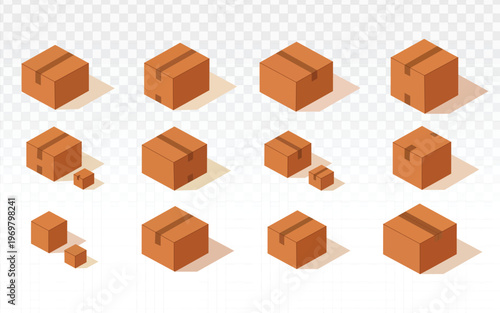 Professional isometric vector set of cardboard delivery boxes with tape. These modern brown parcel icons are perfect for e-commerce, logistics, shipping services, and warehouse management designs.