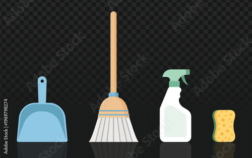 Professional vector illustration of cleaning supplies including a broom, dustpan, spray bottle, and sponge. This clean flat design is ideal for janitorial services, housekeeping, and home maintenance.