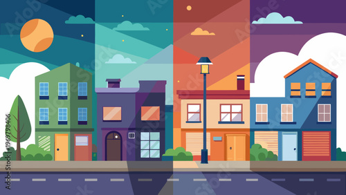 Valokuva Time-Lapse Street Scene Flat Vector
