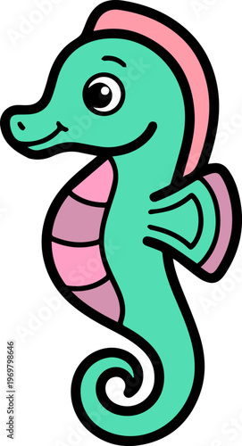 Cute cartoon seahorse character illustration, simple vector line art for coloring book