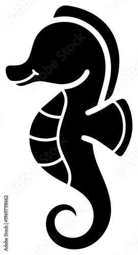 Seahorse black silhouette icon, cute cartoon sea life vector illustration