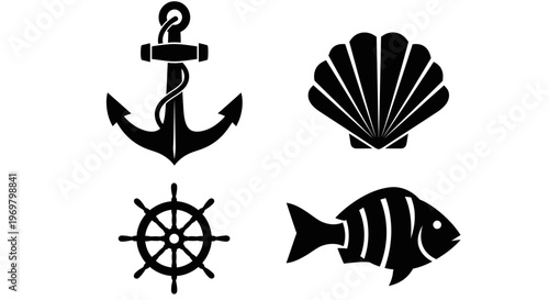 Black nautical symbols including anchor, shell, wheel, and fish  